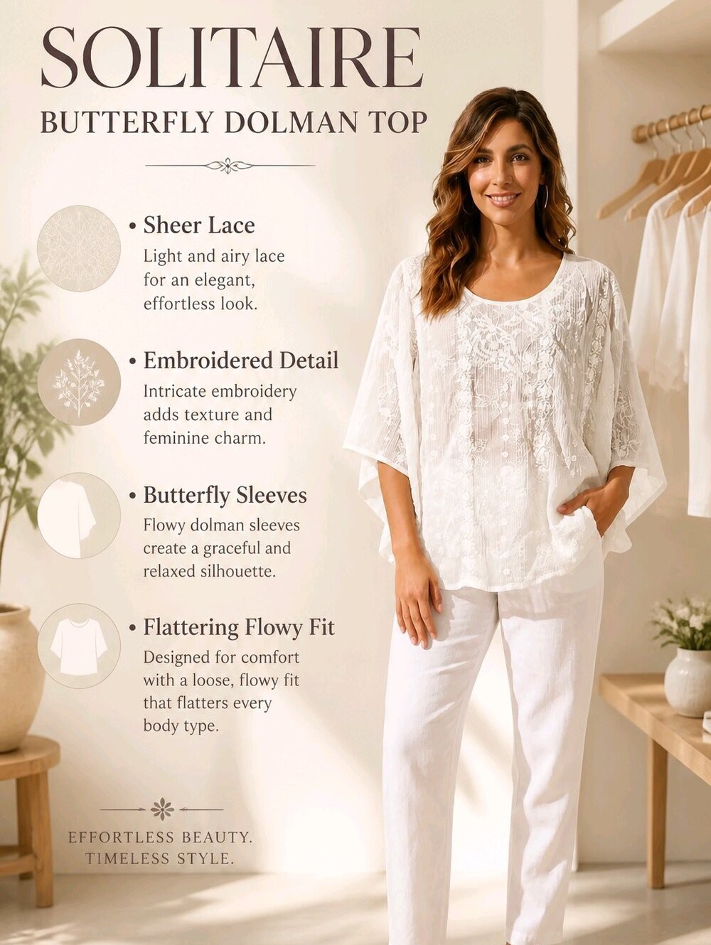 Solitaire Flowy Sheer Lace Embroidered Detailing Top Butterfly Dolman Sleeves - Picture 5 of 6